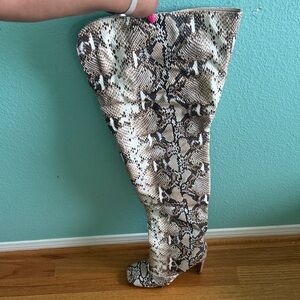 Snake-Print Over-the-Knee Reptile Boot - Beige/Brown